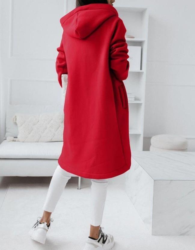 Motor Red Uneven Hem Hooded Sweater with Zipper Cardigan