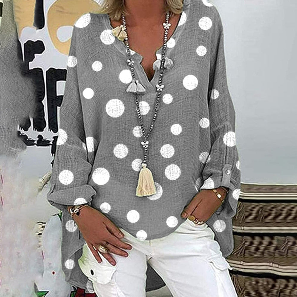 Modern White Dotted Relaxed Grey Blouse Tunic Top