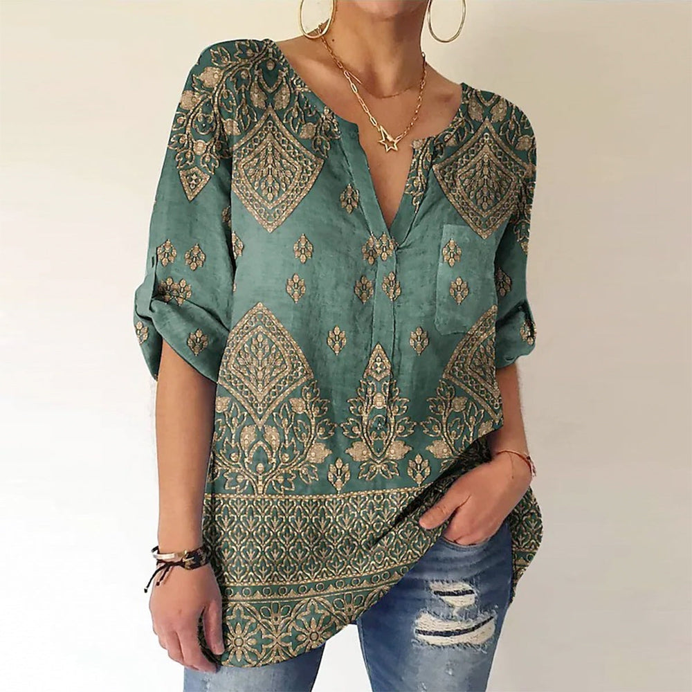 Emerald Sage Green Luxury Print Tunic Blouse Top