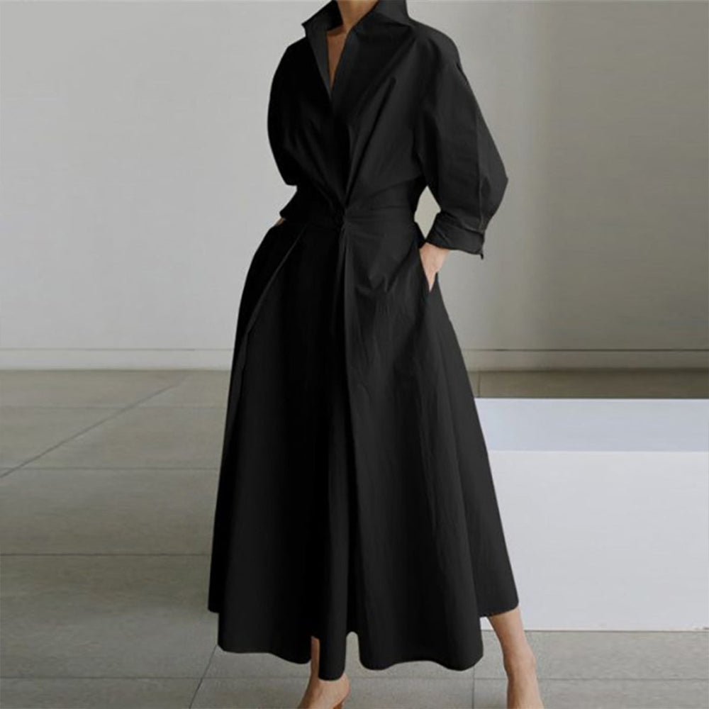 Black maxi dress with turn-up collar and side pockets