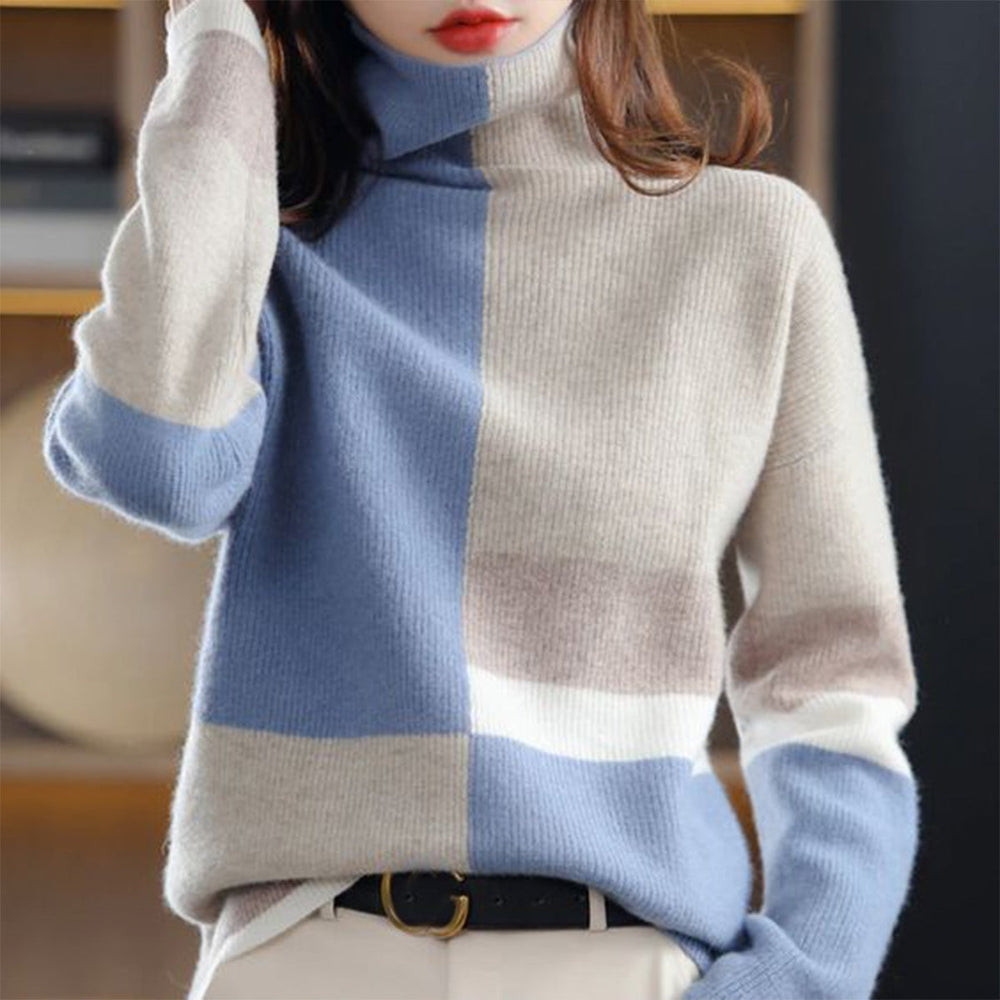 Fluffy color block sweater with high neckline