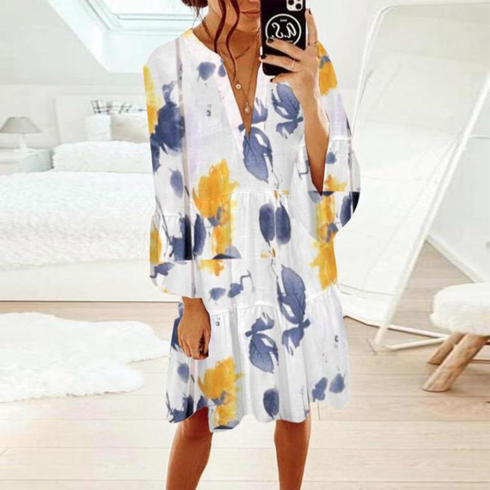 Yellow Blue Summer Print White Striped Midi Dress