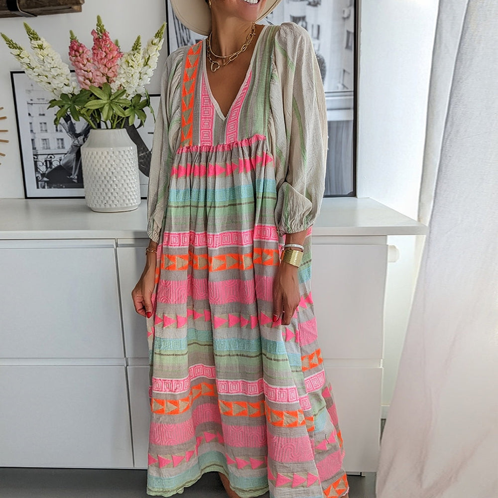 Pink striped midi dress with Greek key and orange chain