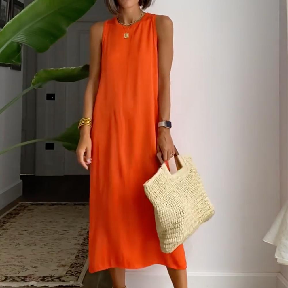 Orange Sleeveless Solid Color Midi Dress