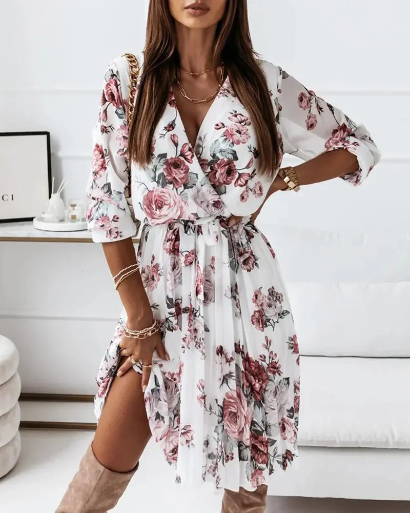 Sophia Blooms floral print chiffon dress with overlap