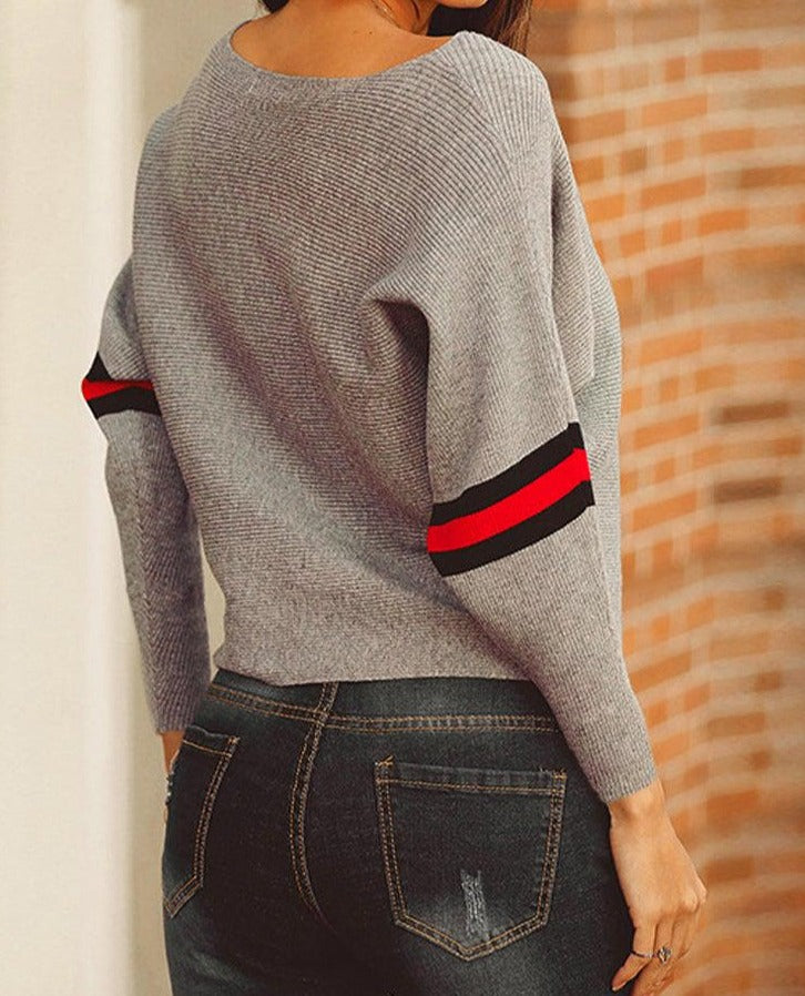 Boston Red Striped Grey Dolman Sweater