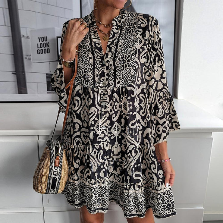 Black long sleeve print mini dress