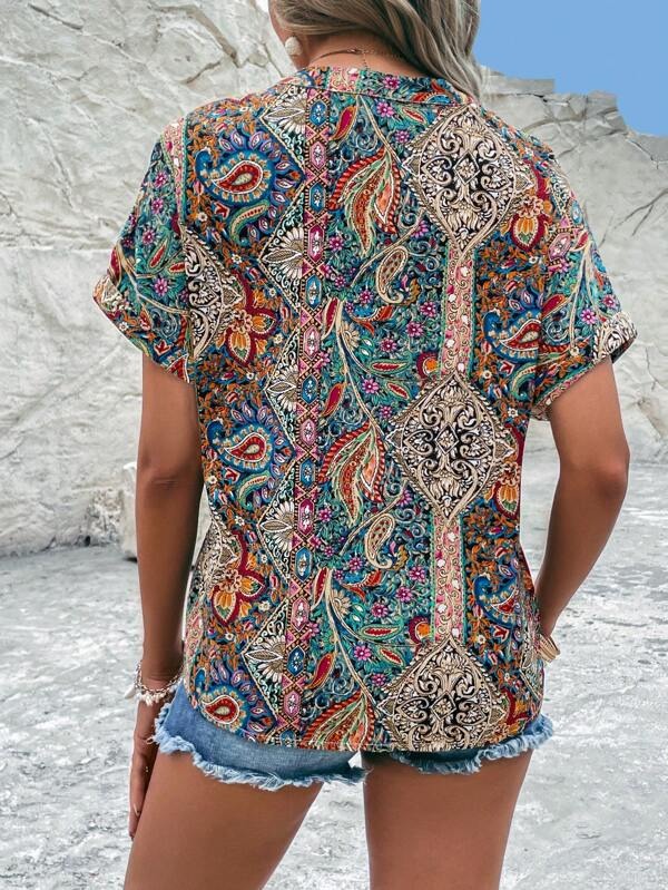 Floral half sleeve shirt with V-neck