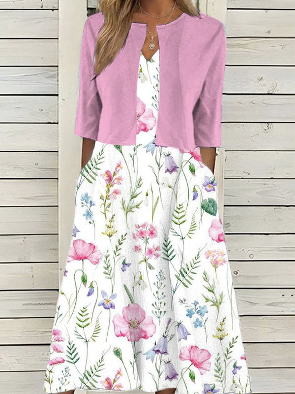 Twofer White Floral Midi Dress in Pink