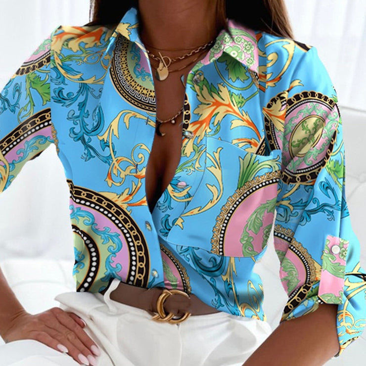 Gold Chain Chain Print Aqua Blouse Top