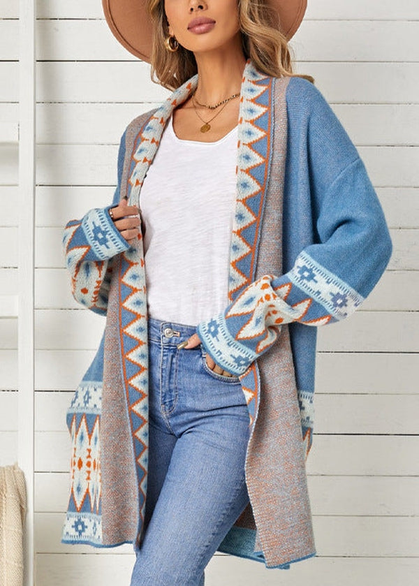 Fresh print Blue cardigan with long sleeves