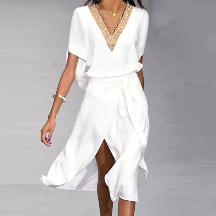 FallStyle ® -  Chevron V-Neck White Draped High Slit Midi Dress