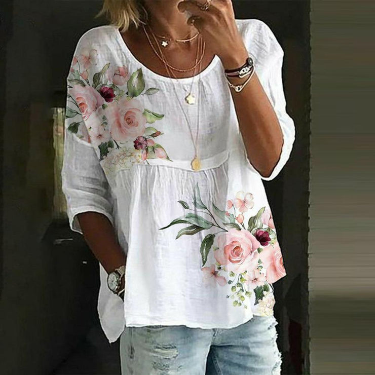 Pink Green Floral Print White Tunic Top