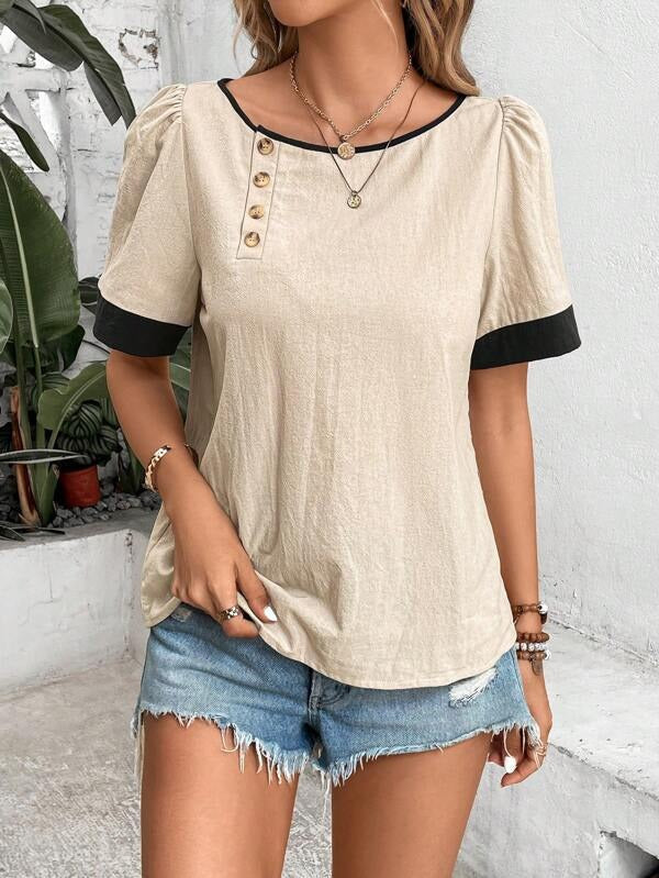 Apricot Short Sleeve Color Block Top