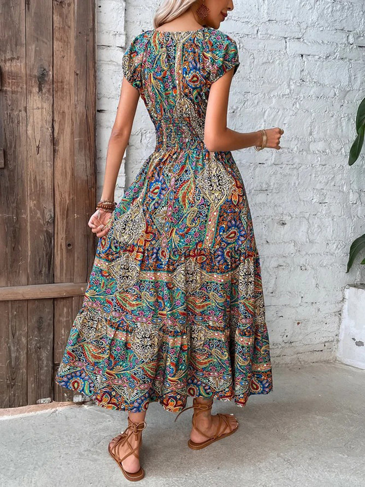 Colorful Paisley Ruffled Waist Long Summer Dress