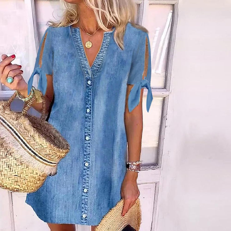 Chambray V-neck mini dress with split sleeves