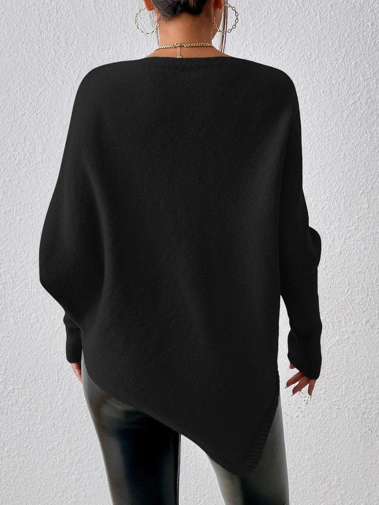 Plain black long sleeve sweater with round neck