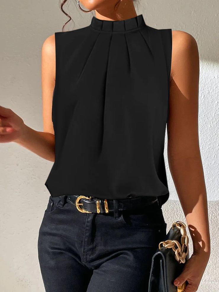 Black sleeveless top with round neck