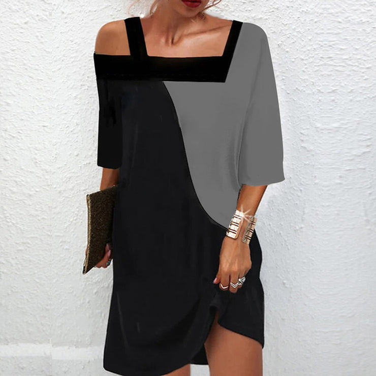 Grey and black asymmetrical mini dress with cold shoulders