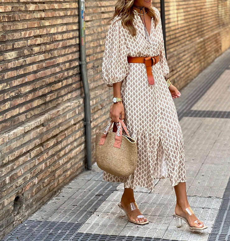 Elegant long sleeve midi dress with print