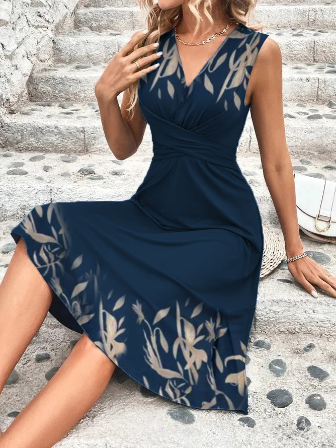 Navy blue wrap-around V-neck floral midi dress