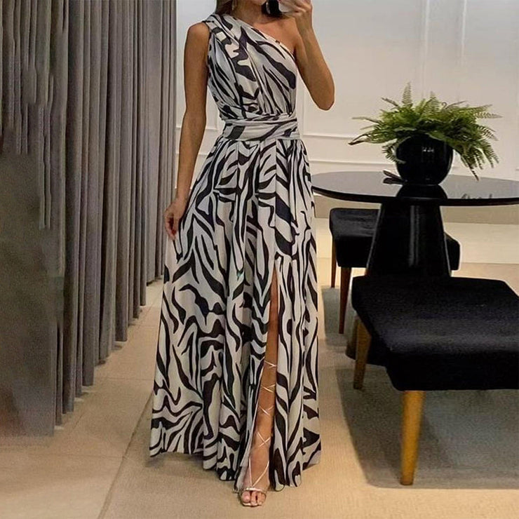 White Black Zebra Print Asymmetrical Maxi Dress with Front Slit