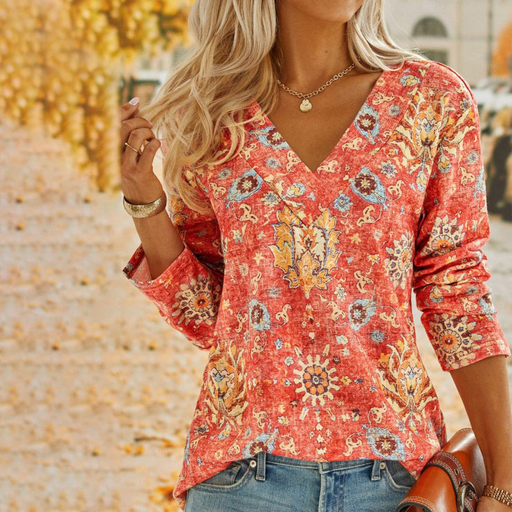 Boho Summer Flower Red V-neck Top