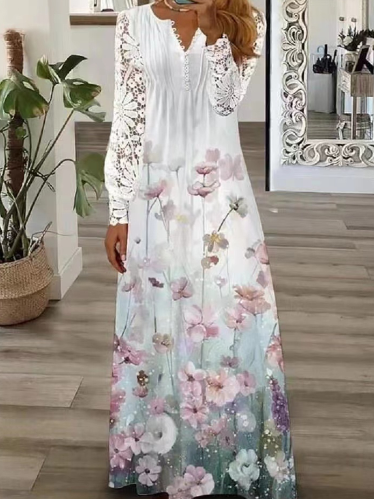 Elegant green floral long dress