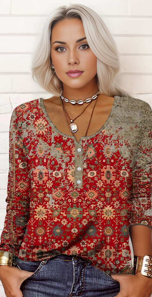 Retro Autumn Aztec Print Long Sleeve Top