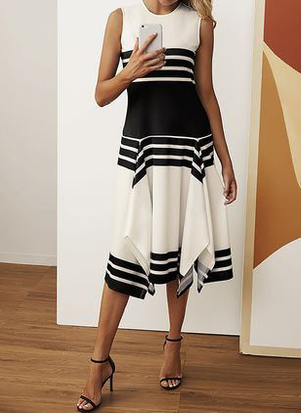 Striped Black Apricot Color Block Asymmetrical High Neck Dress