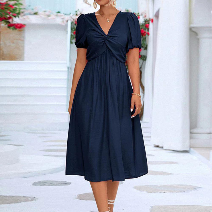 Navy blue solid color midi dress with short sleeves