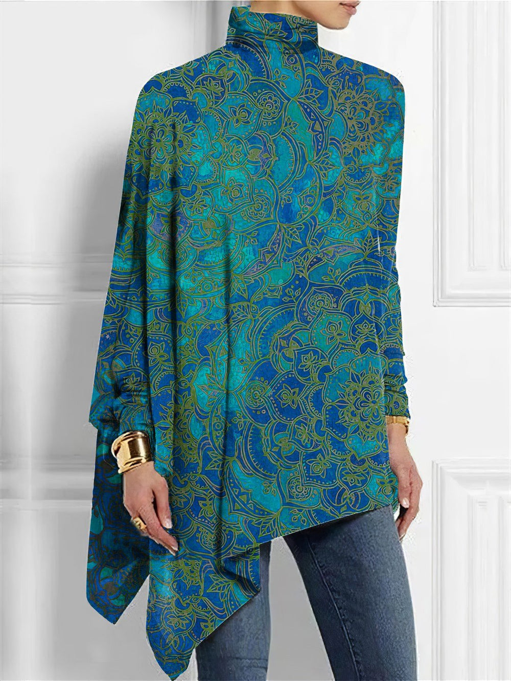 Paisley Green-Blue Ombre Mock Neck Top