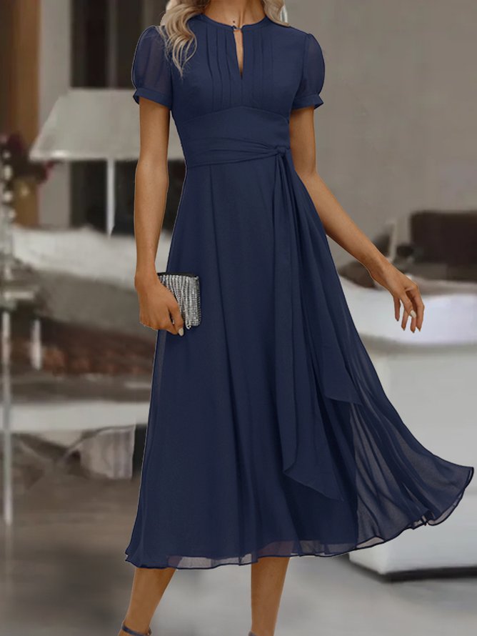 Navy blue solid color midi dress with short sleeves