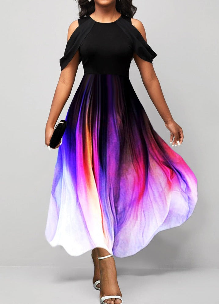 Artful midi dress with draped sleeves and cold shoulders