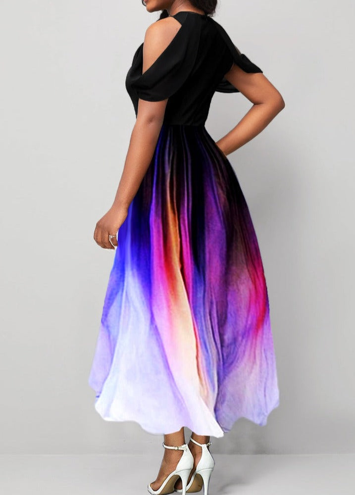 Artful midi dress with draped sleeves and cold shoulders