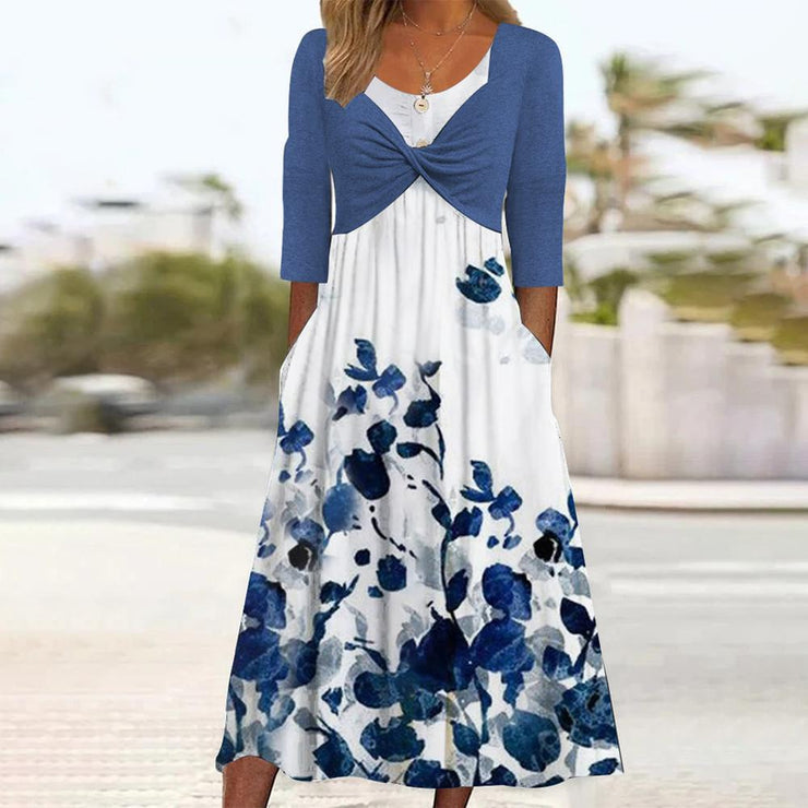 Trendy blue midi dress with side pockets