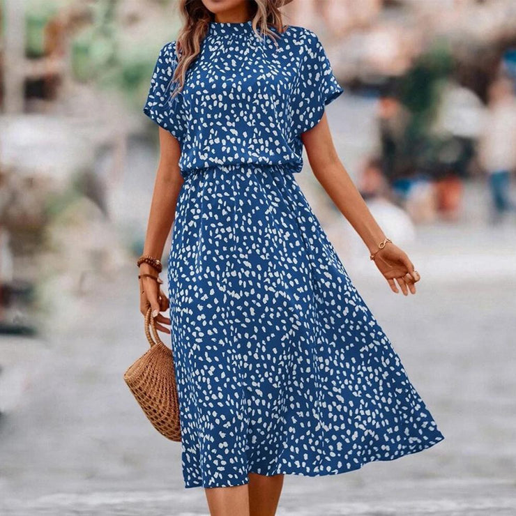 Blue printed midi dress with round neck