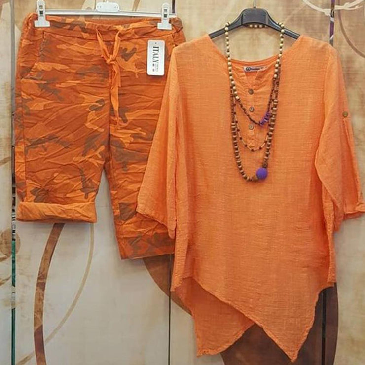 Orange Print 3/4 Sleeves Two Piece Set