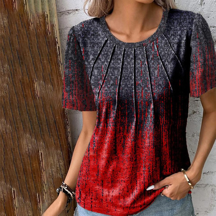 Short-sleeved pintuck top with red and blue ombre print