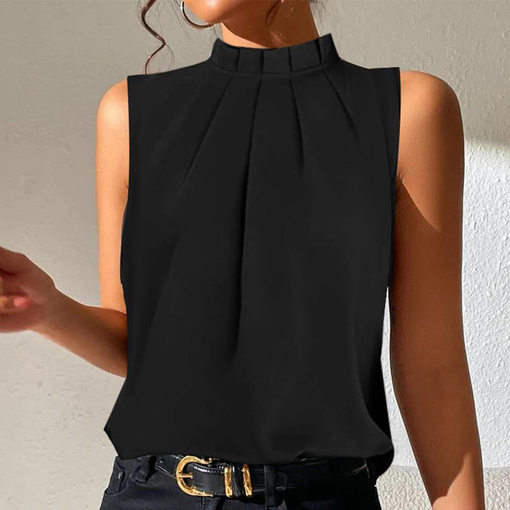 Black sleeveless top with round neck