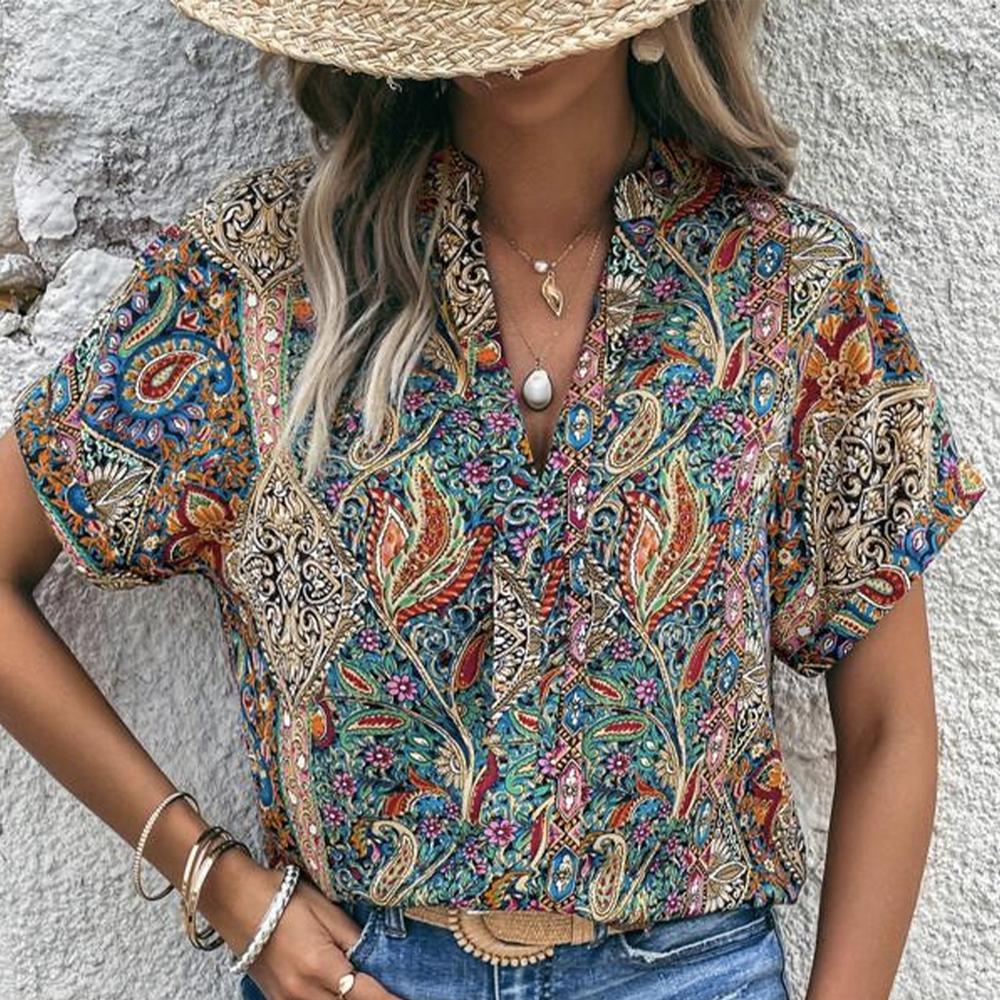 Colorful Garden Summer Print Grooved V Neck Top