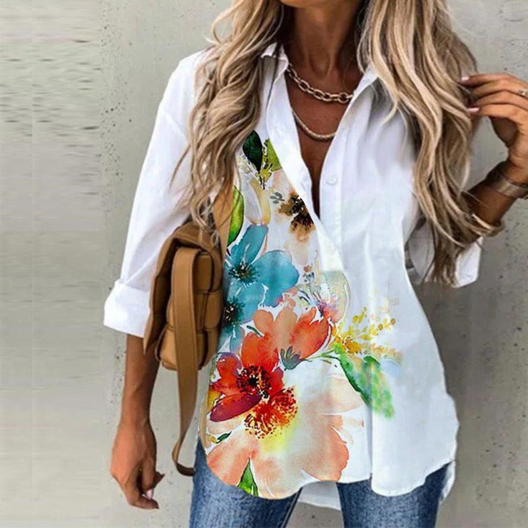 Watercolor flower button placket tunic blouse