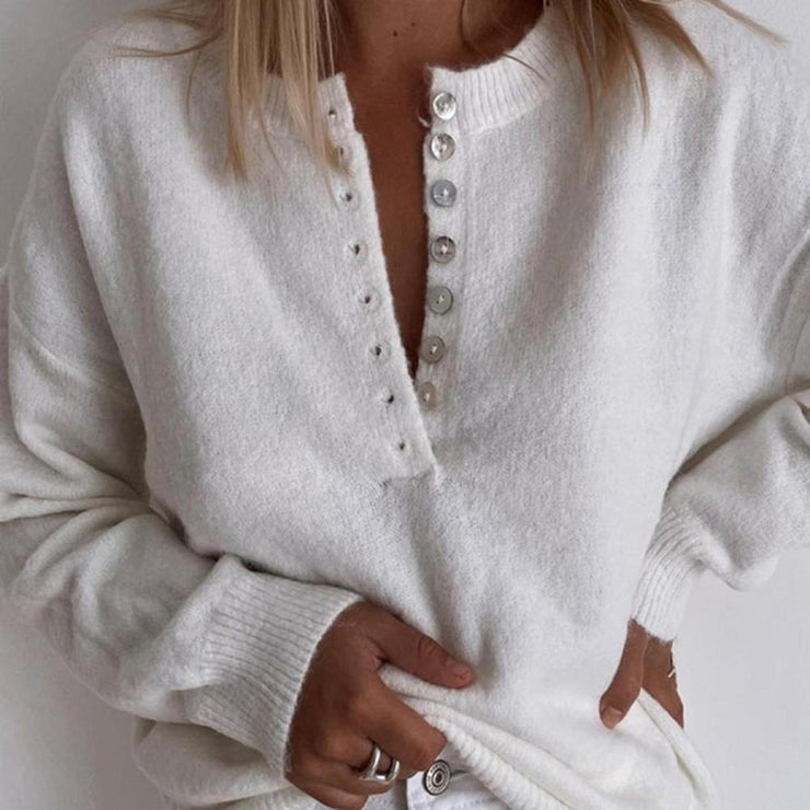 Classic plain white sweater with button placket