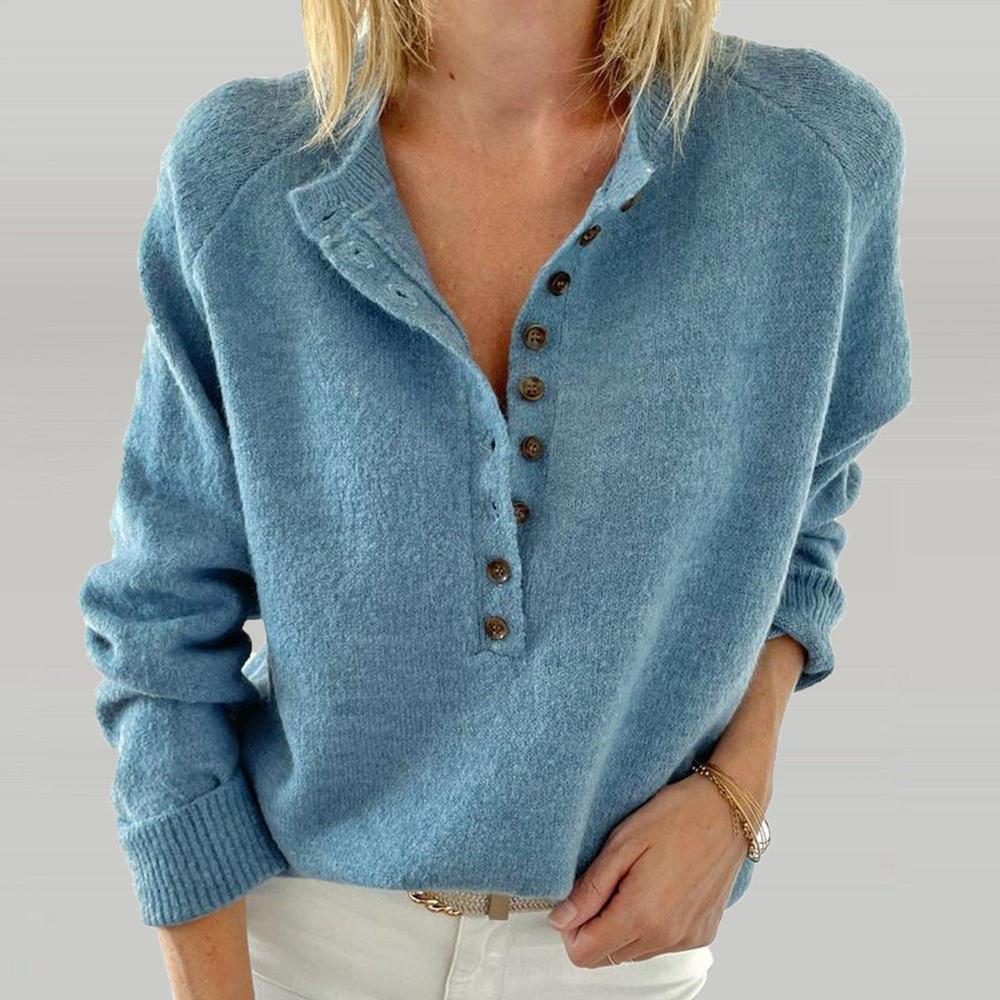 Sky blue sweater with V-neck and button placket