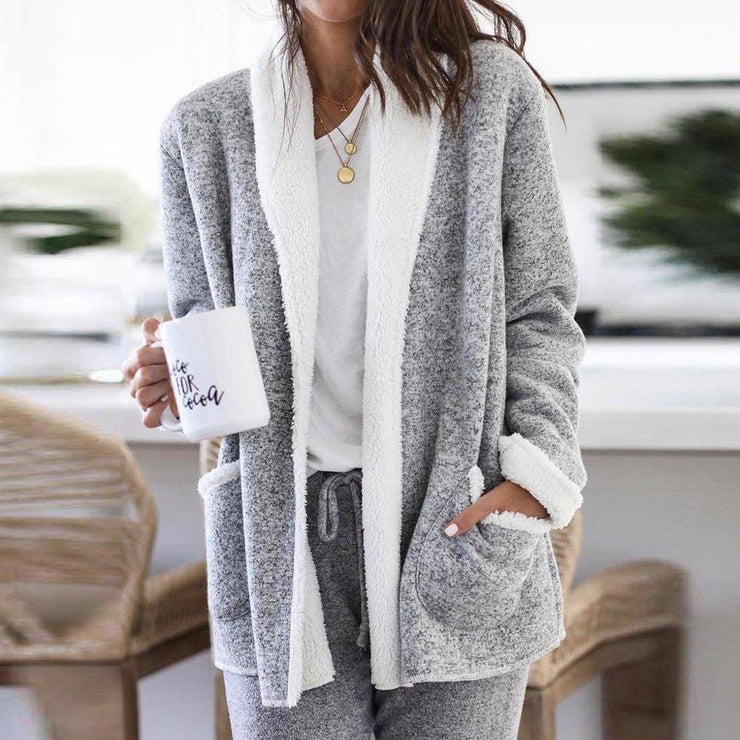 Cosy grey and white double pocket cardigan