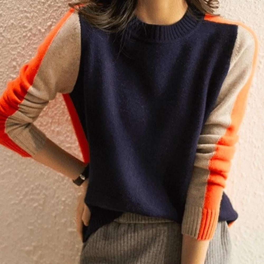 Navy blue and orange sweater with retro stripes