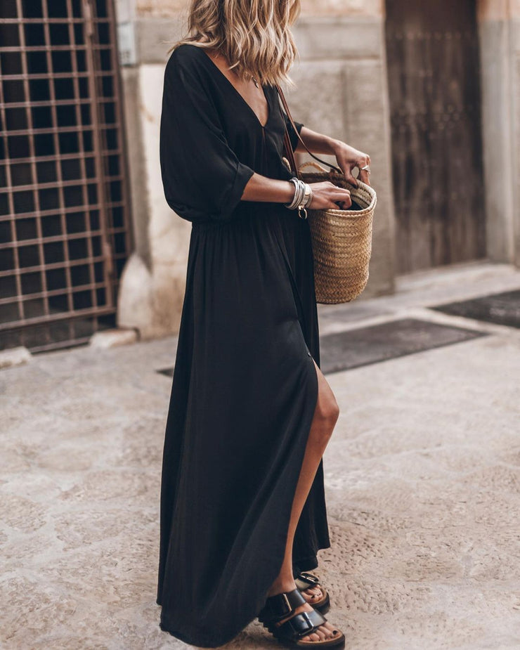 Elegant monochrome black maxi dress with V-neck