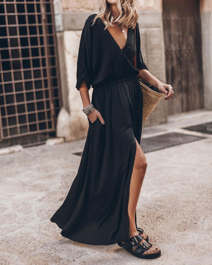 Elegant monochrome black maxi dress with V-neck