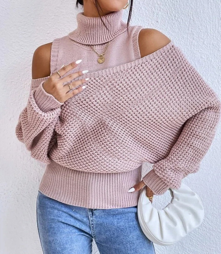 Pink solid color sweater with high neckline