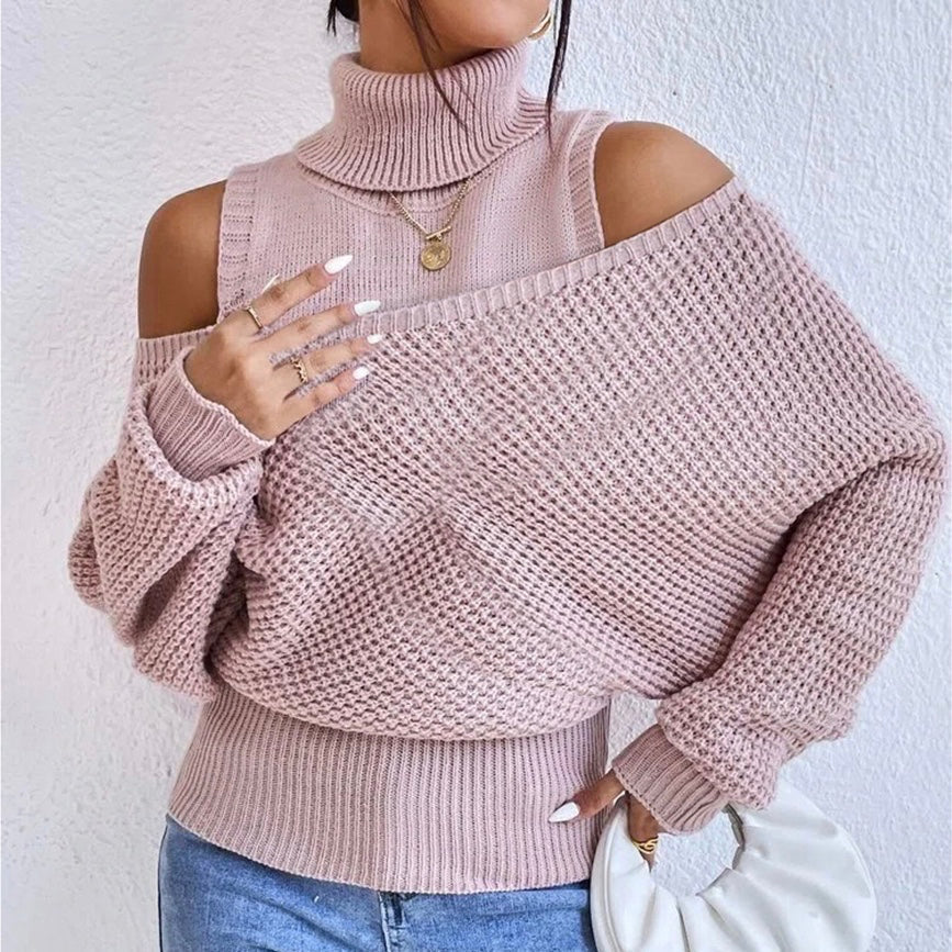 Pink solid color sweater with high neckline